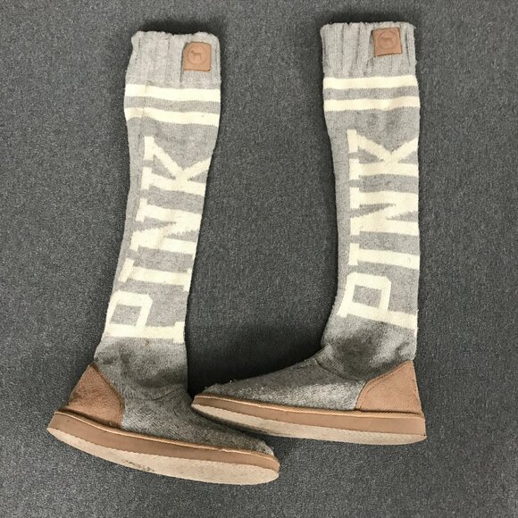 Pink Victoria’s Secret Women’s Gray Knit Tall Mukluk Boots Knee High Size 9-10 L - Picture 1 of 7